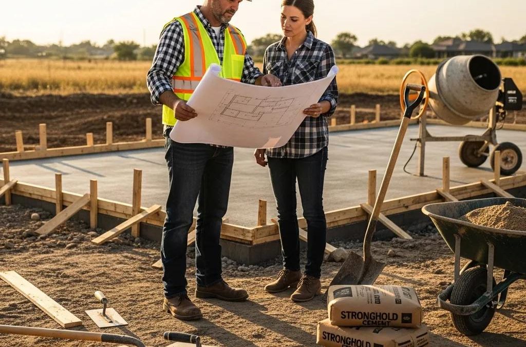 Cement contractor discussing project plans with homeowner at a construction site