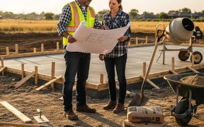 Cement contractor discussing project plans with homeowner at a construction site, reviewing blueprints and preparing for concrete work, highlighting outdoor living space transformation.