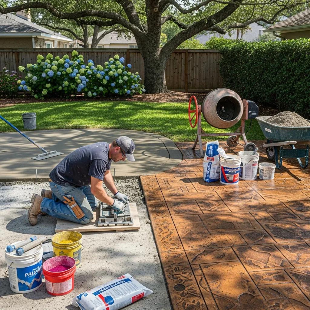 Cement contractor performing decorative concrete work in a residential backyard