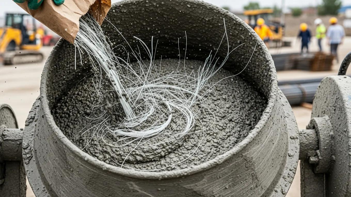 Close-up of a concrete mix with fibers being added for fiber reinforced concrete preparation
