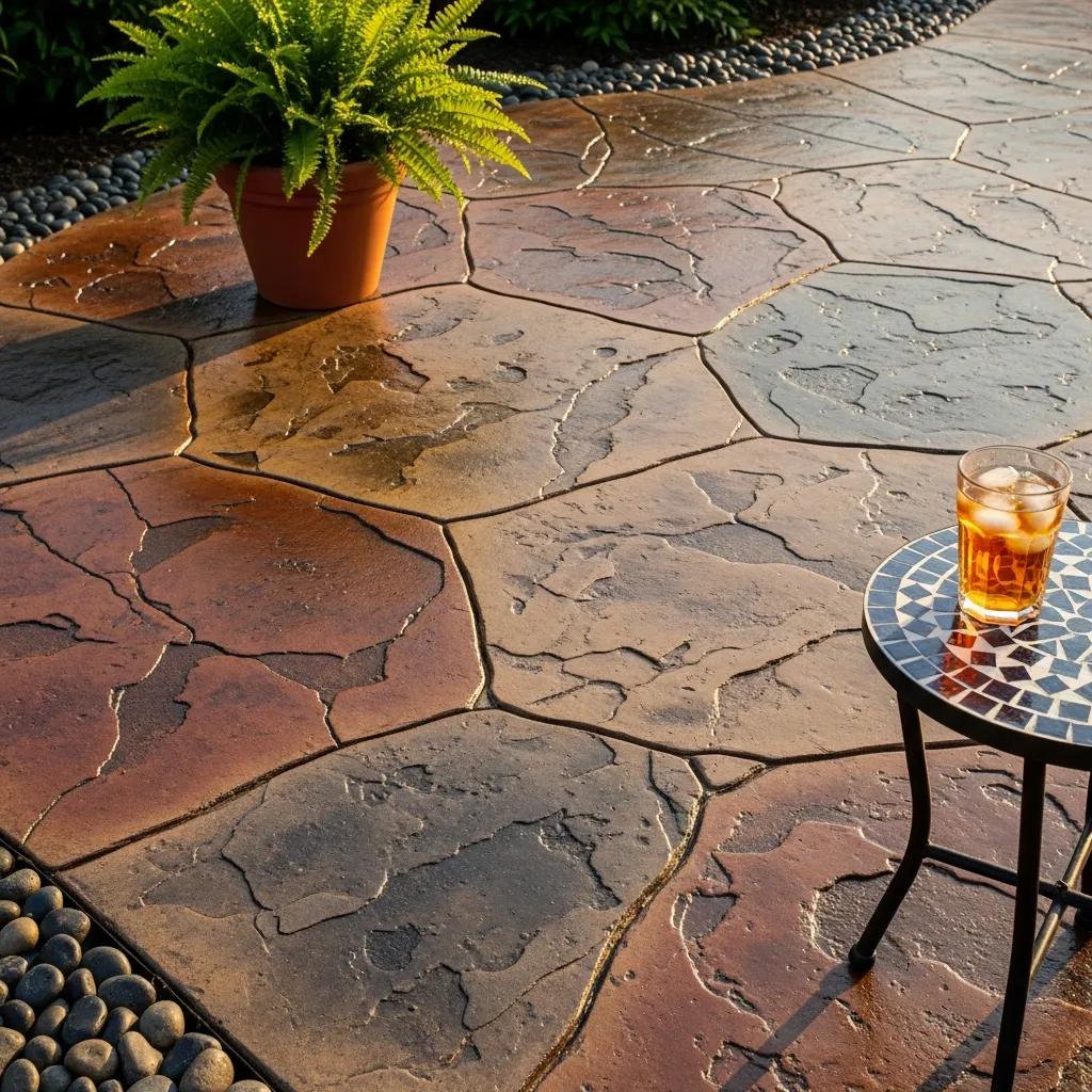 Decorative concrete patio featuring stamped and stained designs mimicking natural stone, with a potted fern and a drink on a mosaic table, illustrating unique outdoor living spaces.