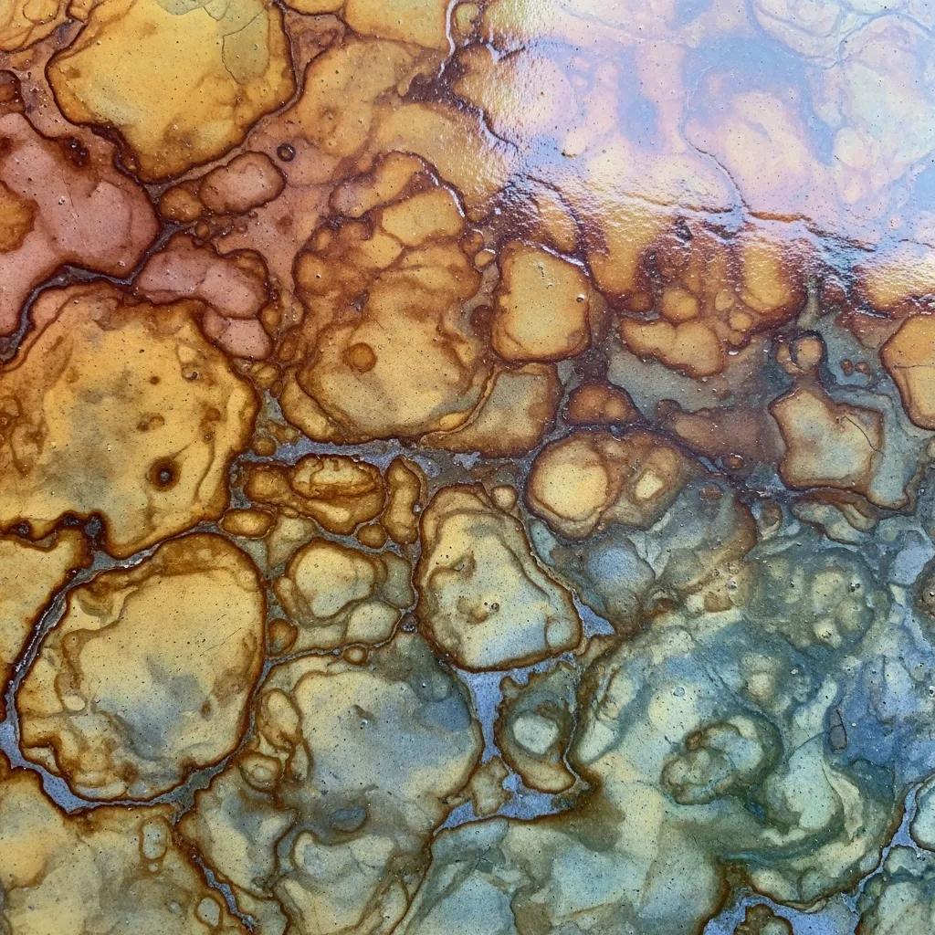 Close-up of acid stained concrete showcasing unique variegated color patterns in rich browns, yellows, and blues, reflecting the decorative finish options highlighted for residential outdoor spaces.