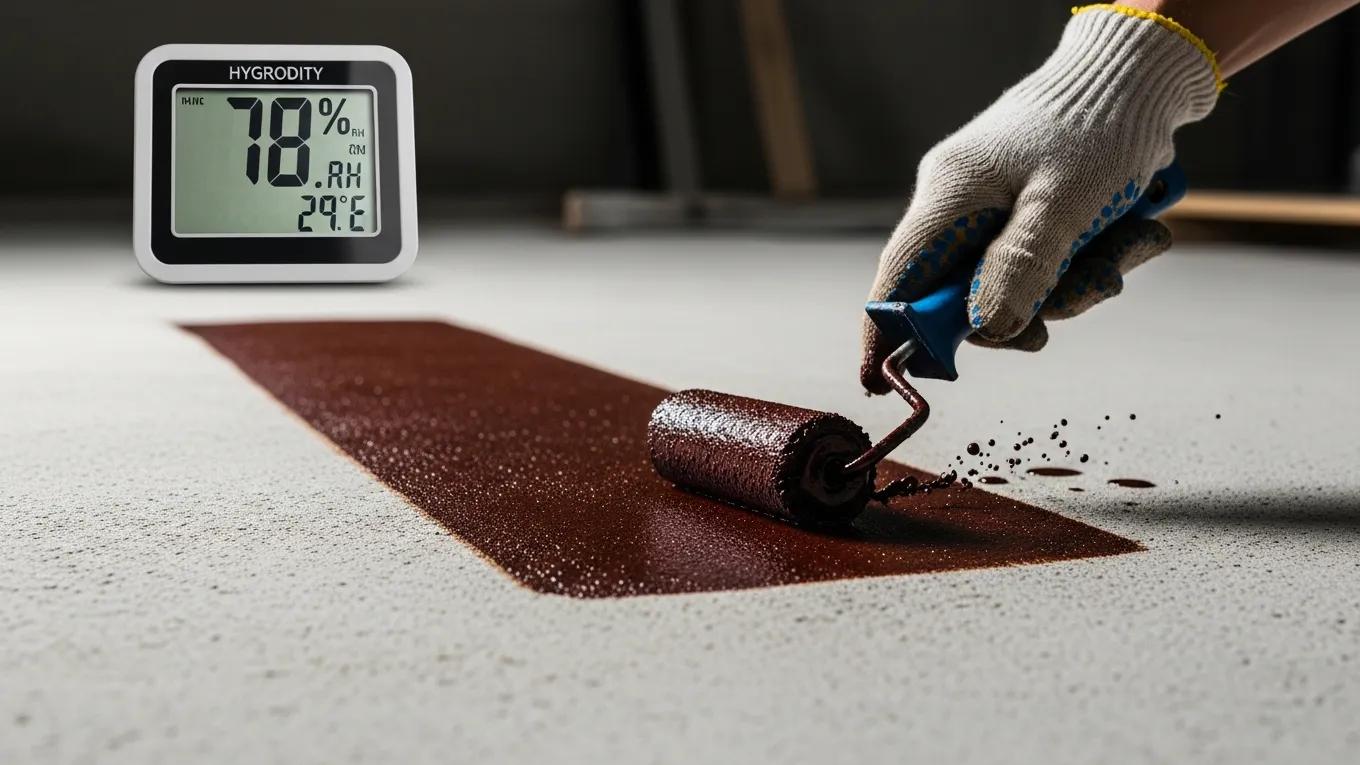 Close-up of concrete staining process with humidity indicators, illustrating the impact of humidity on drying