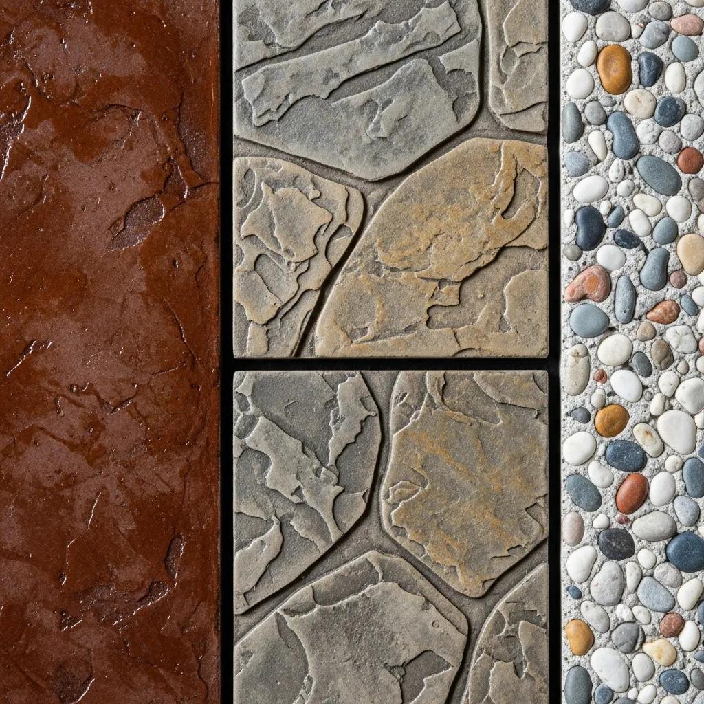 Close-up of decorative concrete finishes: stained concrete in rich brown, stamped concrete with stone-like patterns, and exposed aggregate featuring colorful pebbles, showcasing options for enhancing outdoor living spaces.