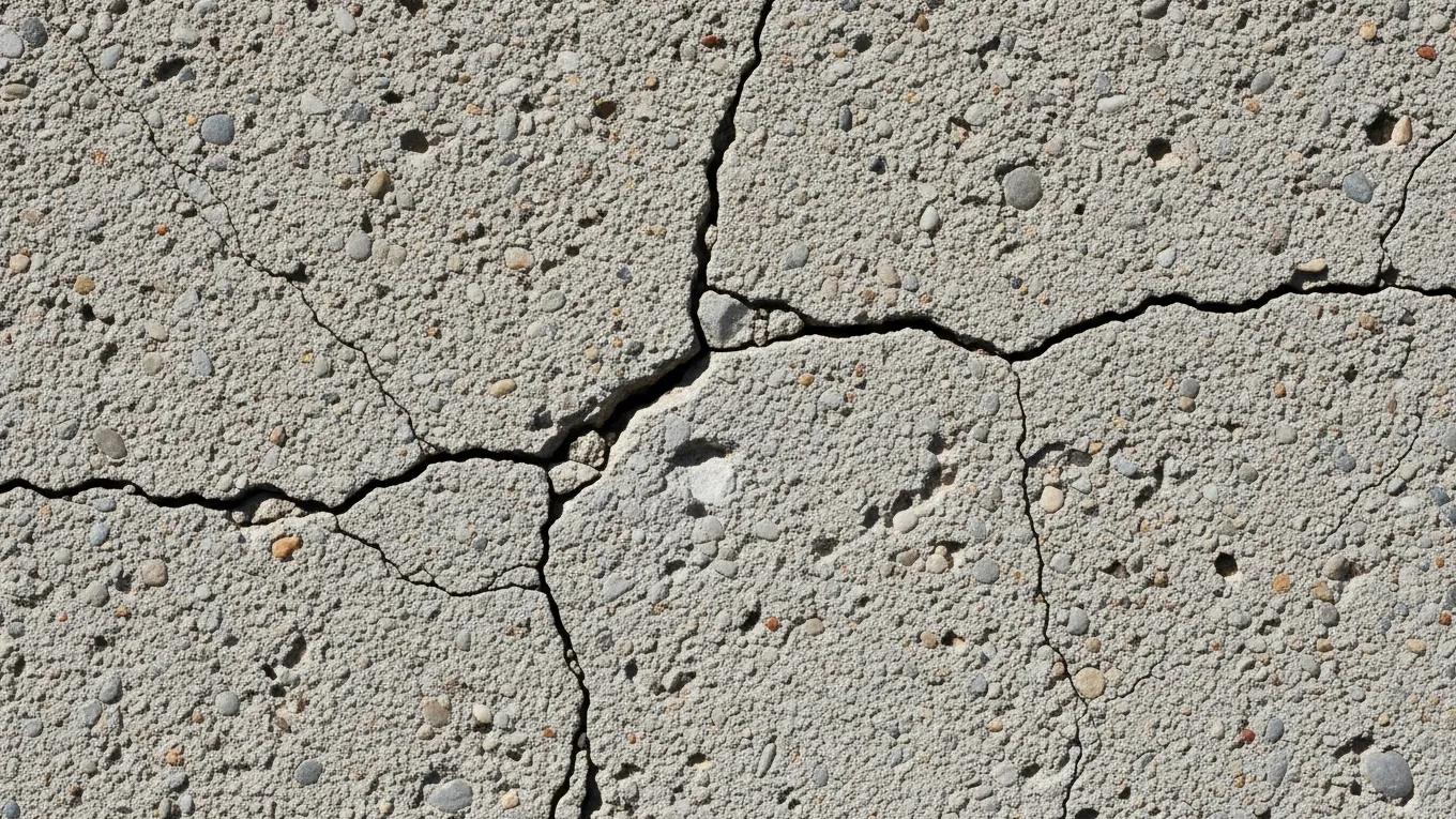 Close-up of a deteriorating concrete surface showing visible cracks and spalling, highlighting signs of structural damage relevant to municipal inspections and concrete condition assessments.