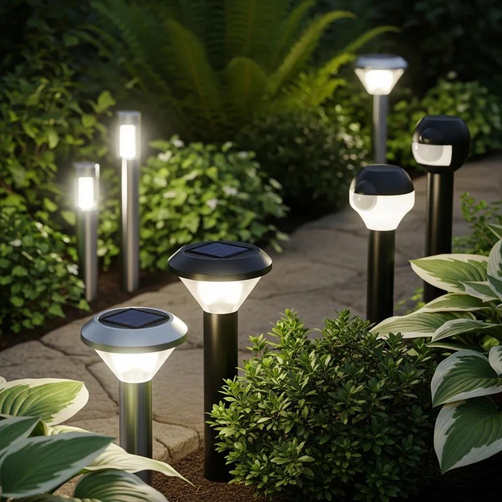 Close-up of solar walkway lights in a garden setting, showcasing energy-efficient design and illumination, surrounded by lush greenery and plants, emphasizing outdoor safety and aesthetics.