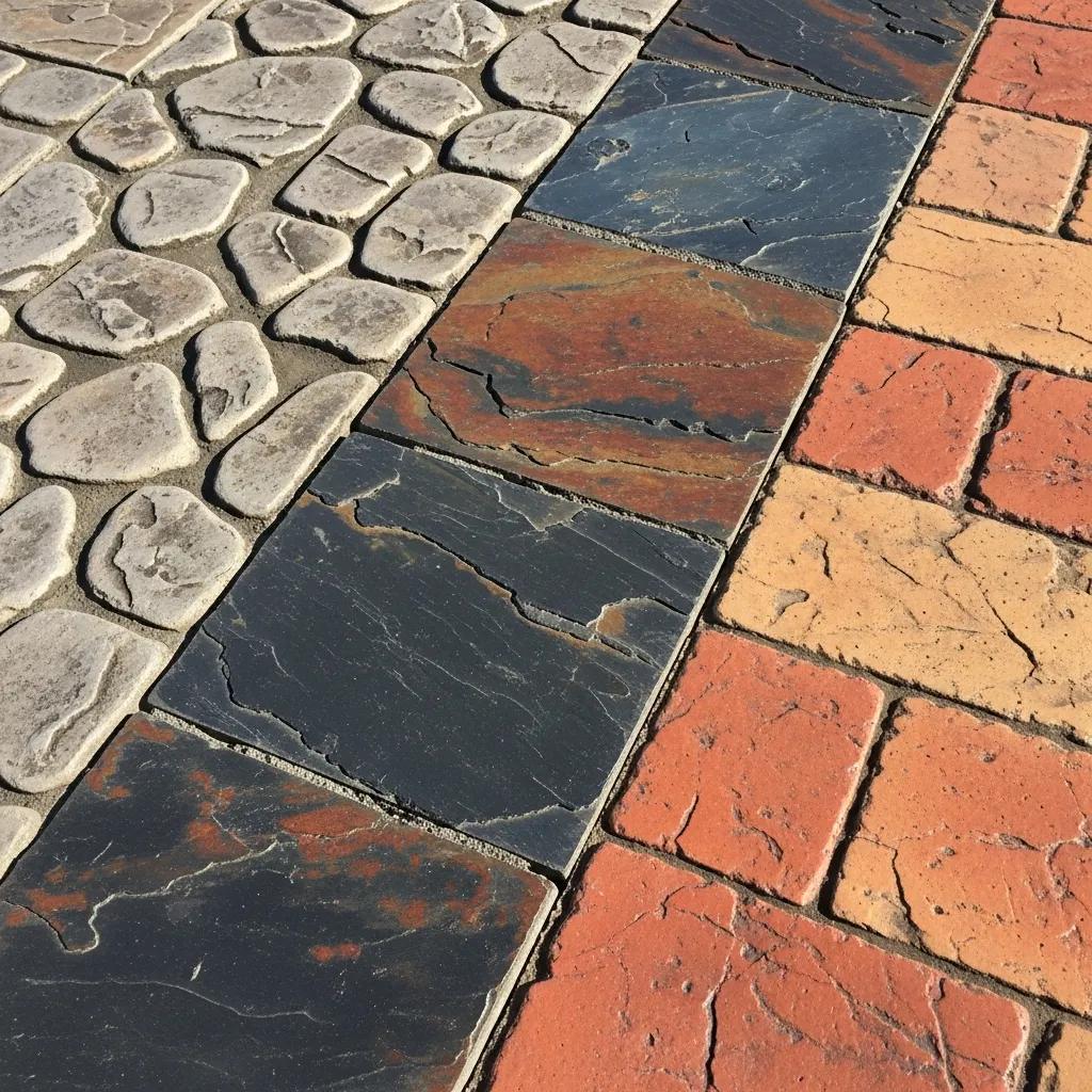 Close-up of popular stamped concrete patterns including cobblestone, slate, and brick