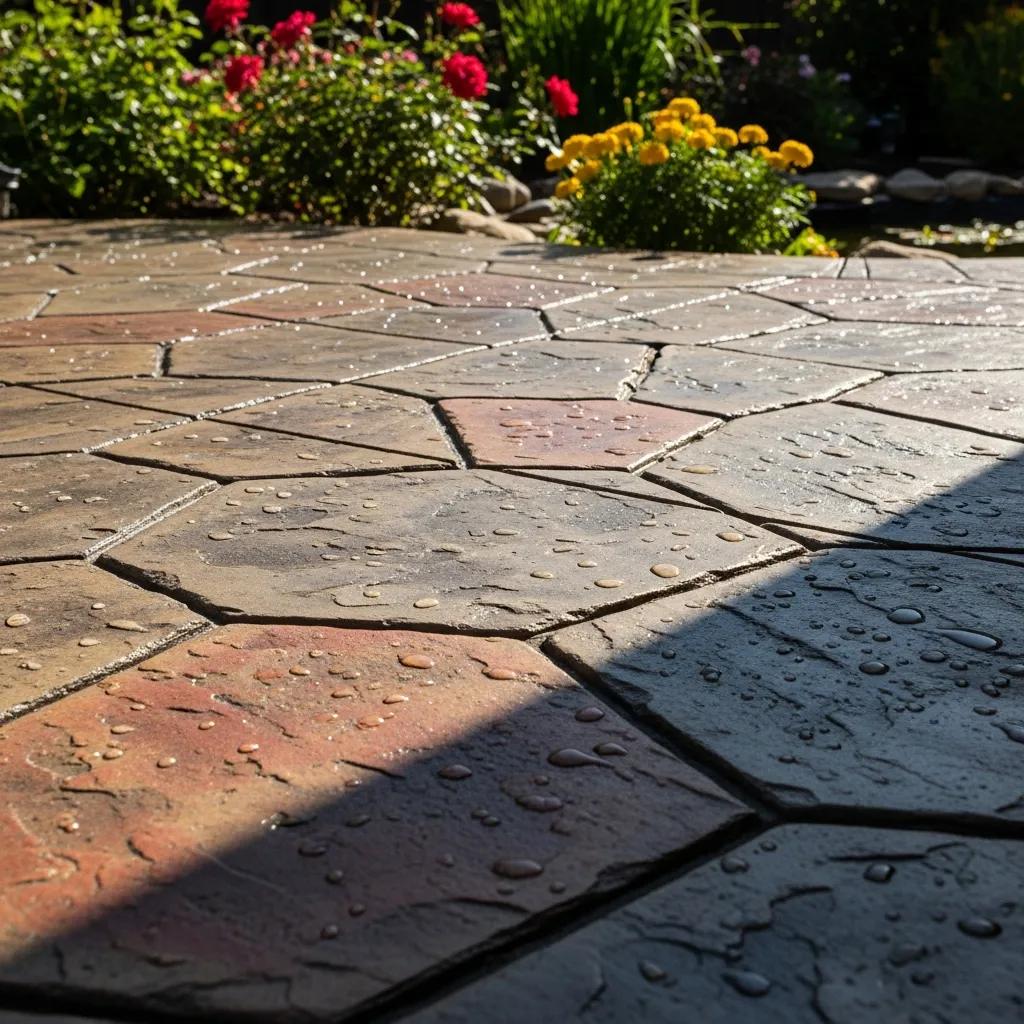 Close-up of stamped concrete patio showcasing detailed patterns and textures