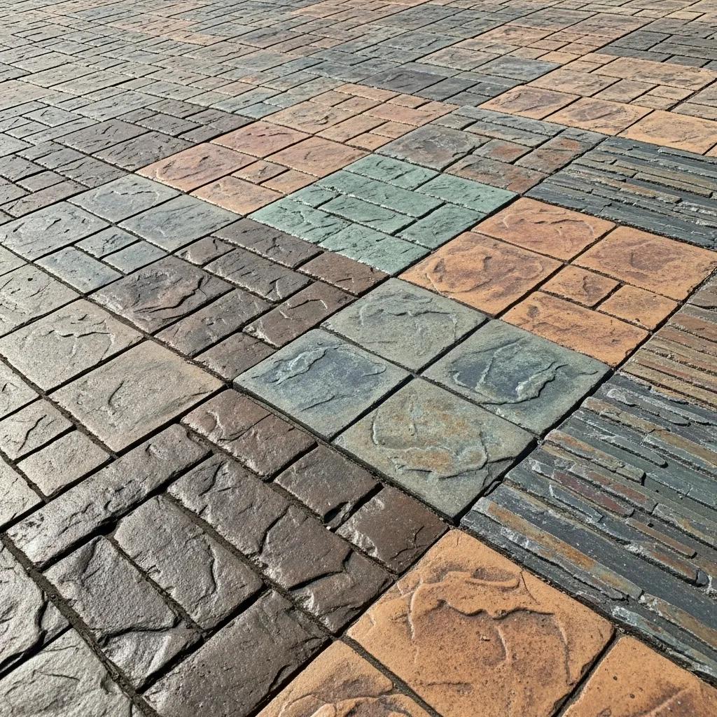 Close-up view of various stamped concrete patterns, including cobblestone, slate, and brick, showcasing different textures and colors suitable for enhancing outdoor spaces in Cudahy, WI.