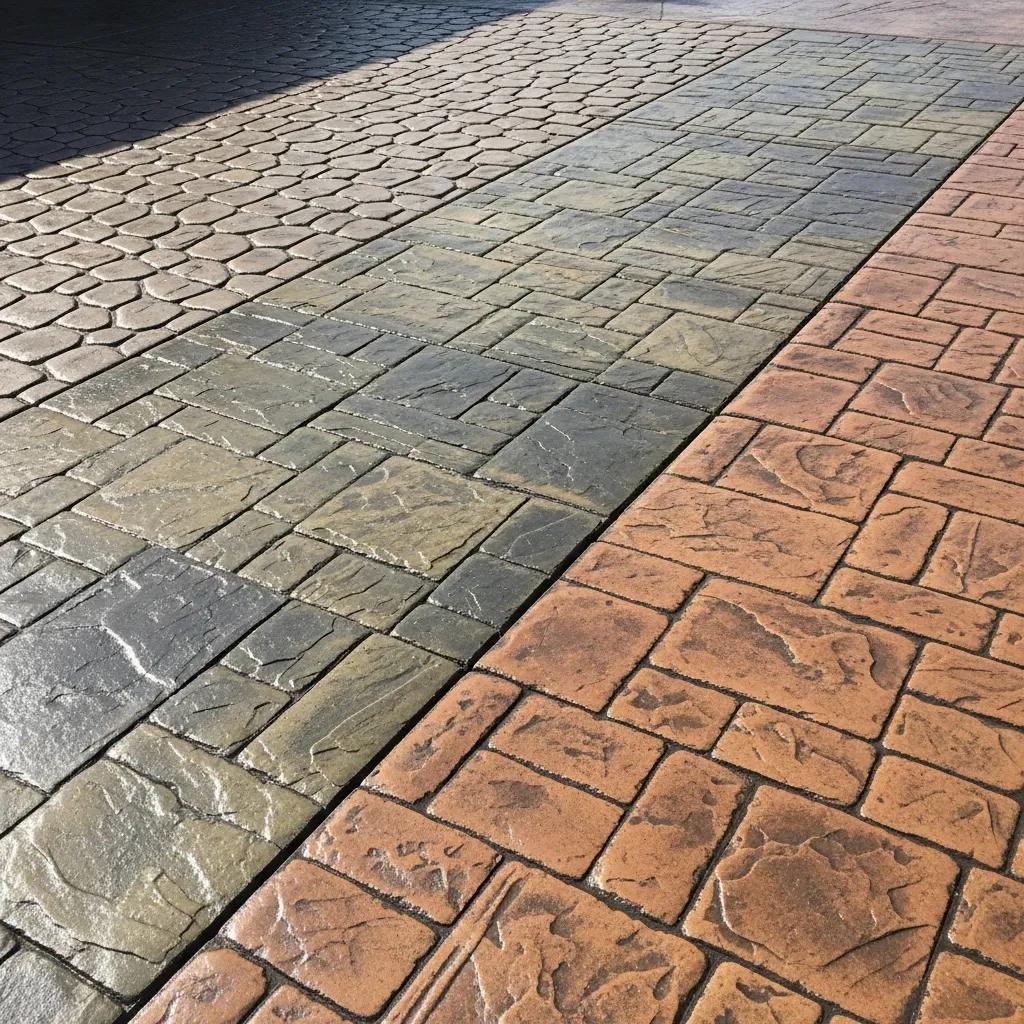 Close-up of various stamped concrete patterns including cobblestone, slate, and brick designs