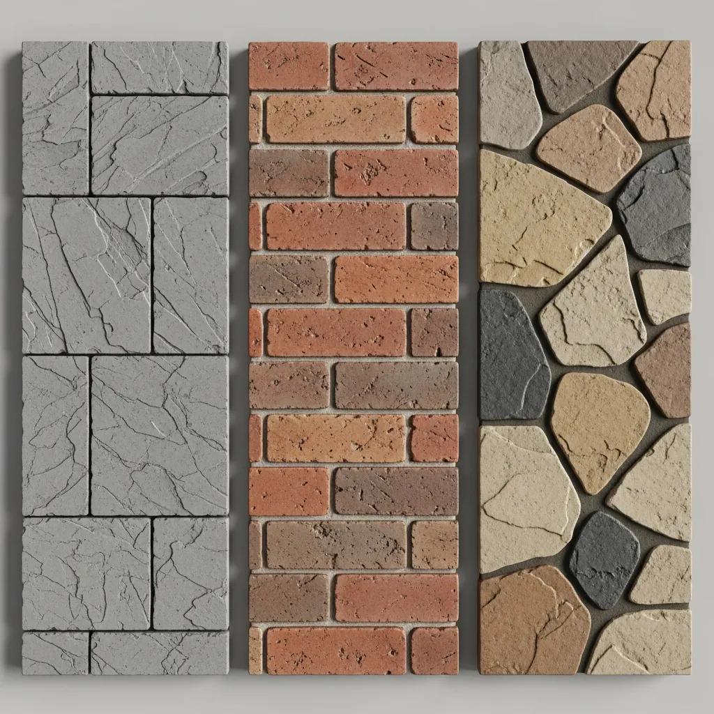Close-up of various stamped concrete patterns showcasing slate, brick, and stone designs, highlighting decorative options for enhancing outdoor spaces.