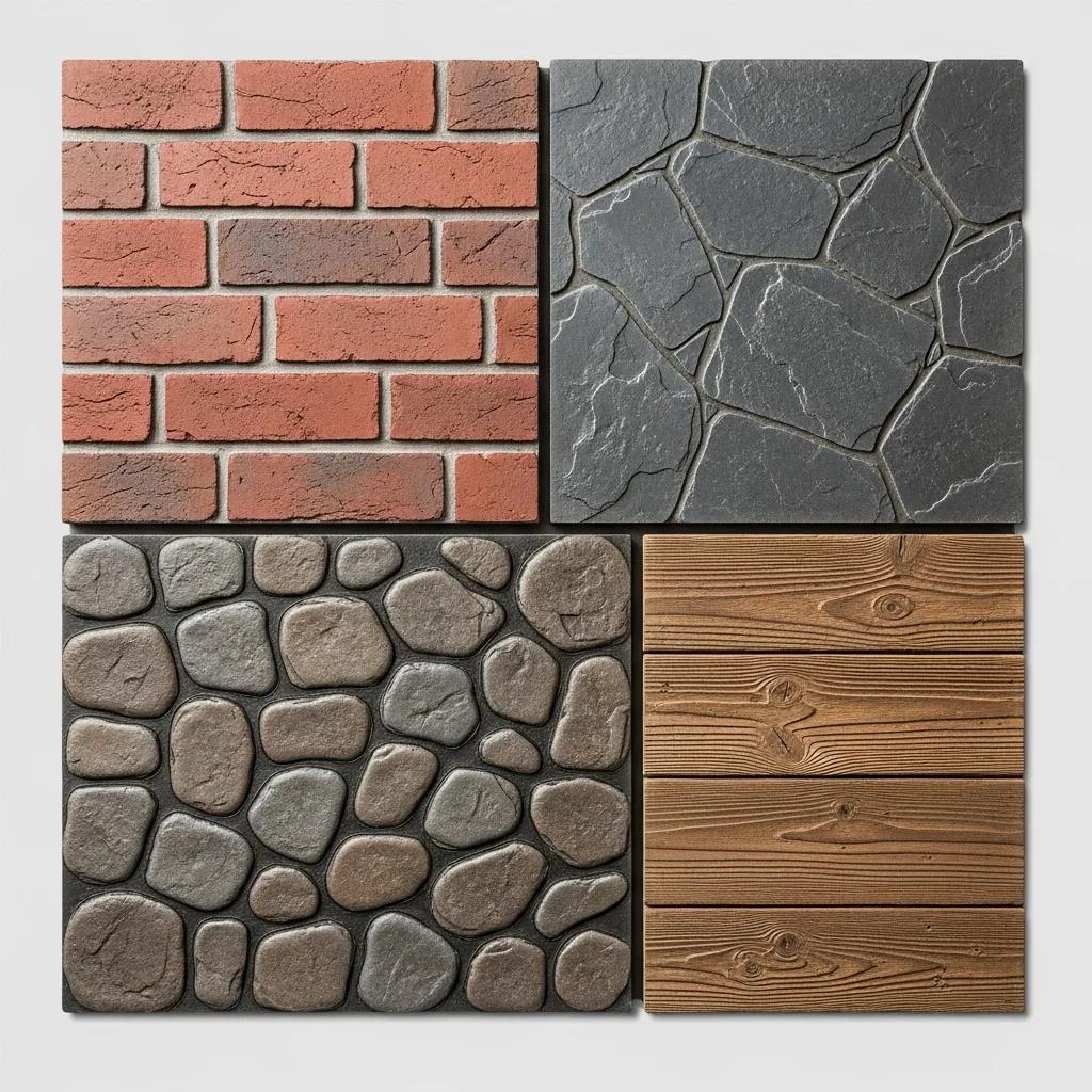 Close-up of various stamped concrete patterns showcasing texture and design