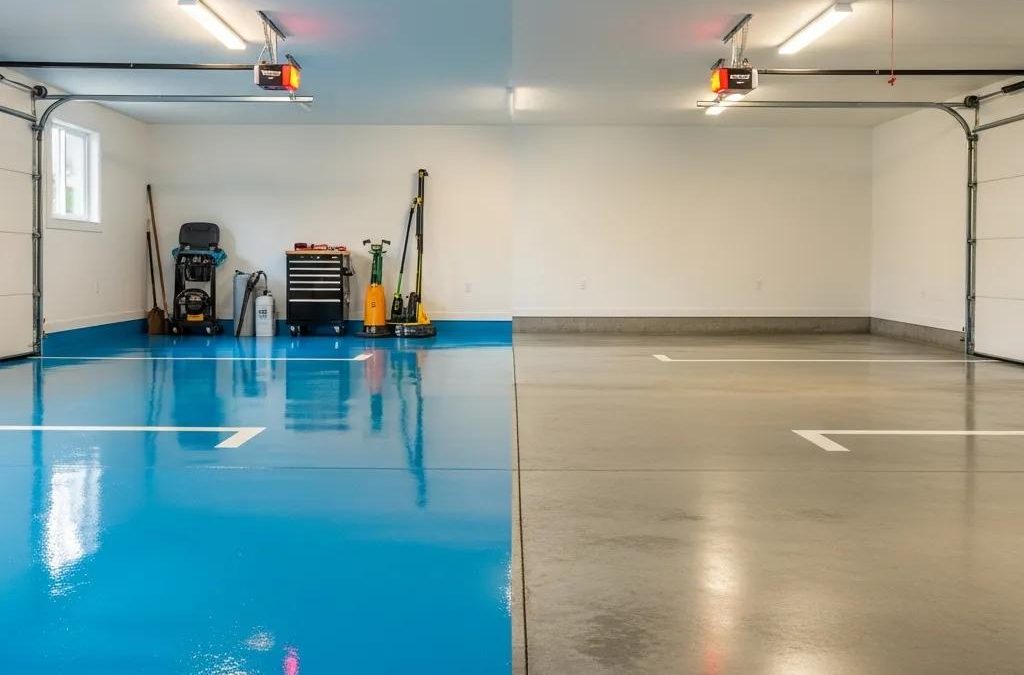 Comparison of epoxy and plain concrete garage floors highlighting durability and aesthetics