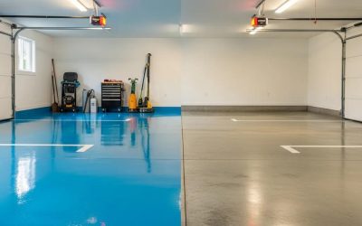 Comparison of epoxy-coated garage floor on the left and plain concrete garage floor on the right, showcasing durability and aesthetics in a well-lit garage setting.