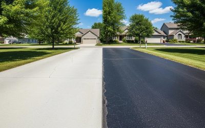 Concrete and asphalt driveways side by side in a Wisconsin neighborhood, showcasing durability and aesthetic differences, surrounded by residential homes and greenery.