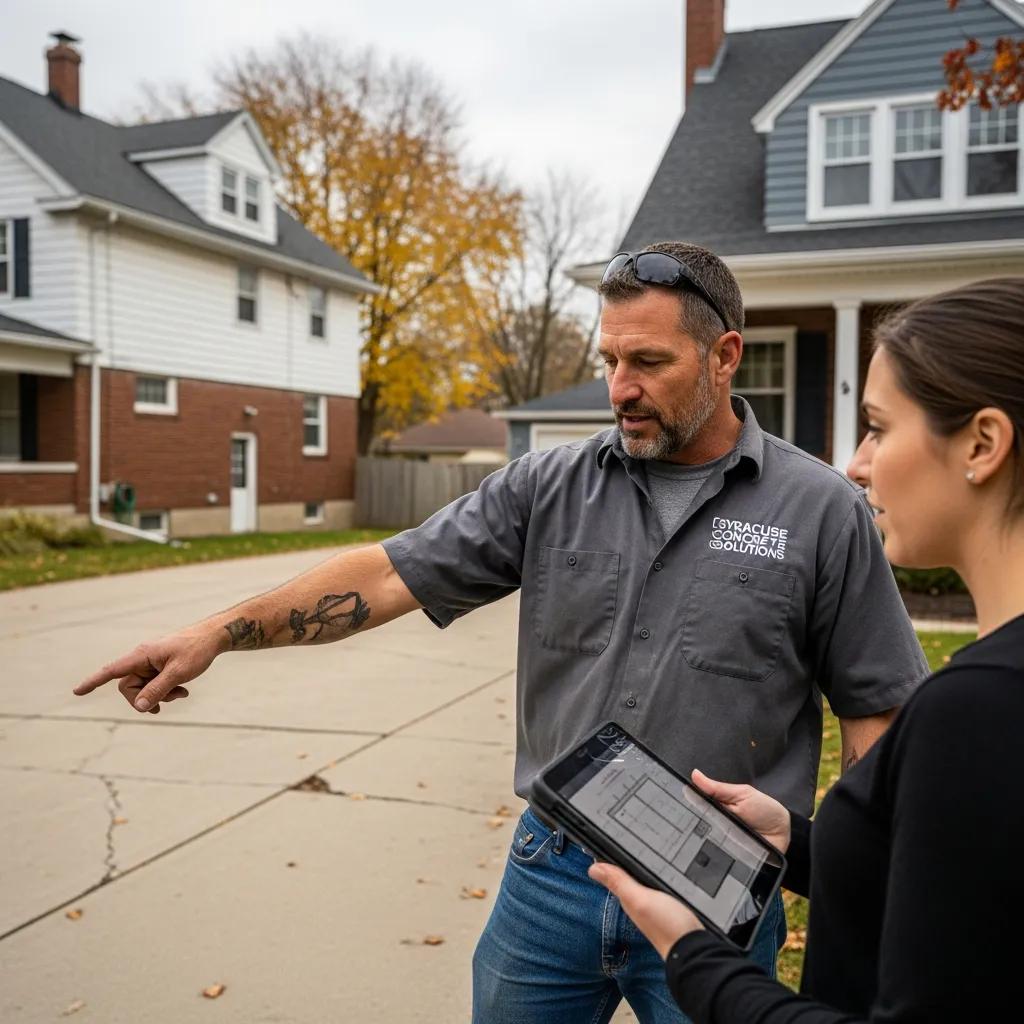 Concrete contractor discussing project details with homeowner in Syracuse, showcasing local expertise and customer engagement.