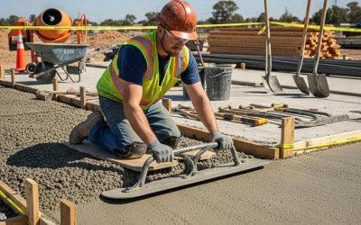 Concrete contractor smoothing freshly poured concrete on a construction site, showcasing expert craftsmanship and attention to detail.