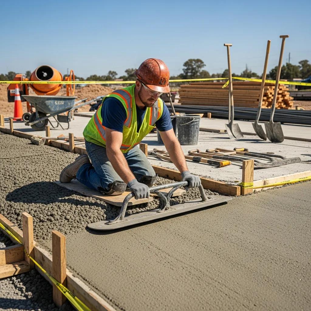 Concrete contractor smoothing freshly poured concrete on a construction site, showcasing professional installation techniques and equipment.