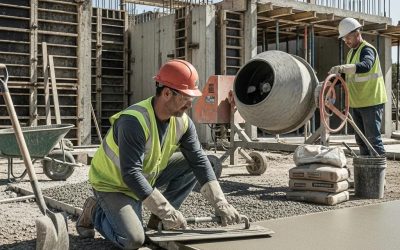 Concrete contractors working on a construction site, using tools and safety gear, with a concrete mixer and materials visible, emphasizing professional concrete services and craftsmanship.