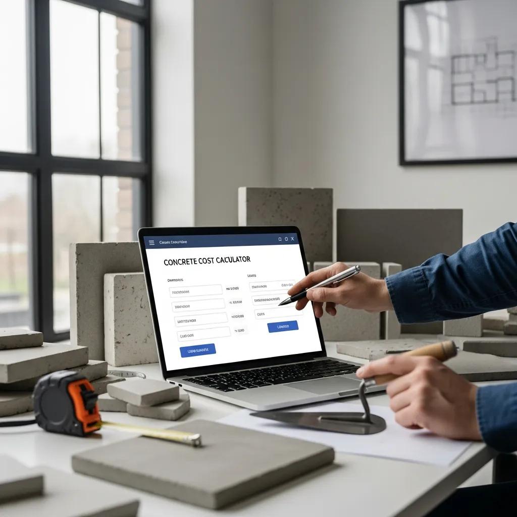 Concrete cost calculator interface displayed on a laptop in a modern workspace, with concrete samples and measuring tools on the table, illustrating the estimation process for concrete projects.