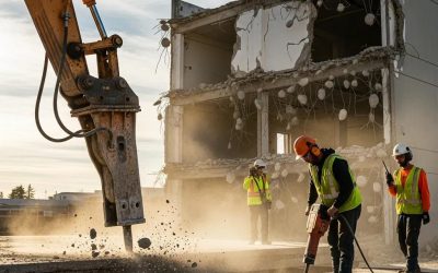 Concrete demolition site with heavy machinery, including an excavator, and workers in safety gear removing debris, emphasizing safe and effective concrete demolition practices.
