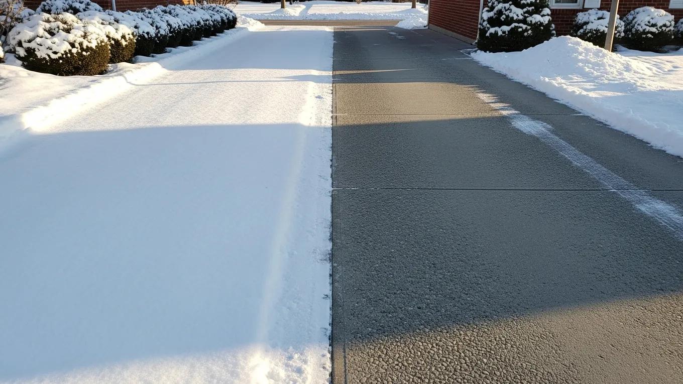 Concrete driveway in snowy conditions, highlighting the impact of climate on durability and thickness, with visible snow and clear concrete surface.