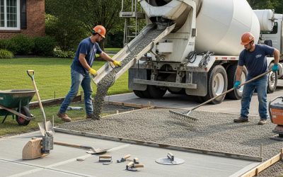 Workers pouring concrete for driveway installation, using tools like a rake and wheelbarrow, with a cement mixer truck in the background, showcasing the concrete installation process in a residential setting.