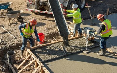 Workers pouring concrete at a construction site, showcasing the concrete installation process with tools and equipment for effective driveway and surface creation.