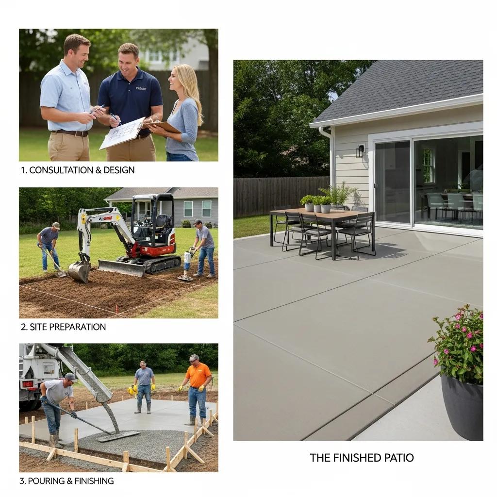 Concrete patio installation process showing consultation, site preparation, and concrete pouring