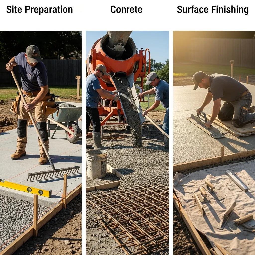 Concrete patio installation process featuring site preparation, concrete pouring, and surface finishing steps, highlighting tools and techniques used by contractors.