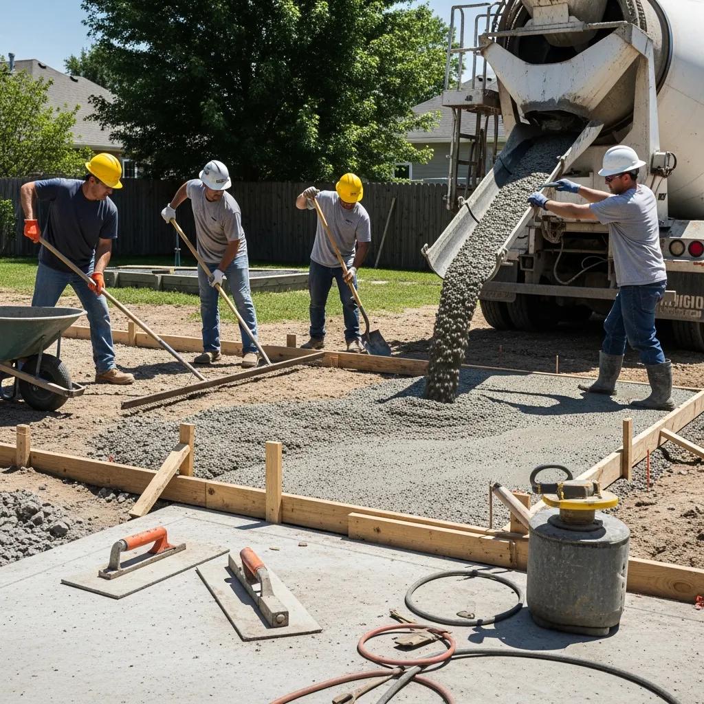 Workers pouring concrete during patio installation process, showcasing site preparation and teamwork in Waukesha, WI.