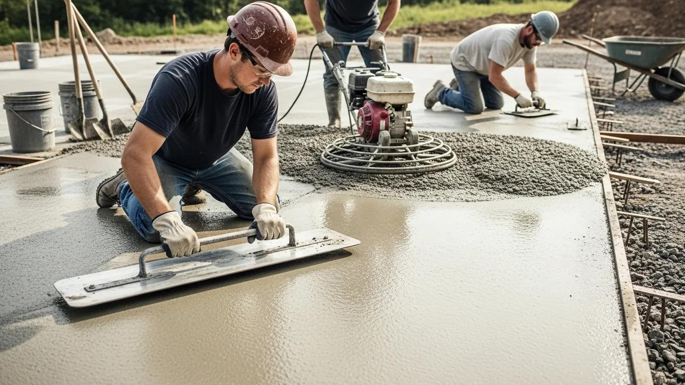 Concrete pouring and finishing process with workers smoothing surface