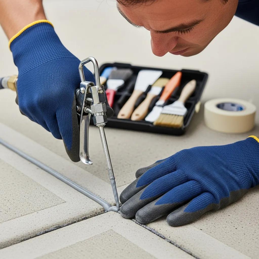 Concrete repair technician applying sealant to driveway crack, demonstrating reliable repair solutions with tools and materials in background.
