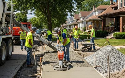 Concrete sidewalk installation team working on residential project in Cudahy, WI, with workers pouring and leveling concrete for pedestrian paths.