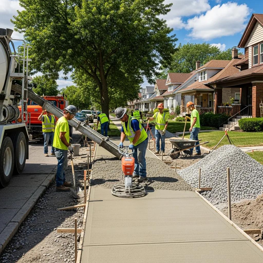 Concrete sidewalk installation team working in Cudahy, WI, with workers pouring and leveling fresh concrete, surrounded by equipment and materials.