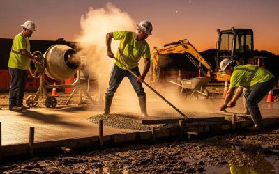 Workers pouring and finishing concrete slab at a construction site, showcasing professional concrete installation services, with a concrete mixer and heavy machinery in the background.