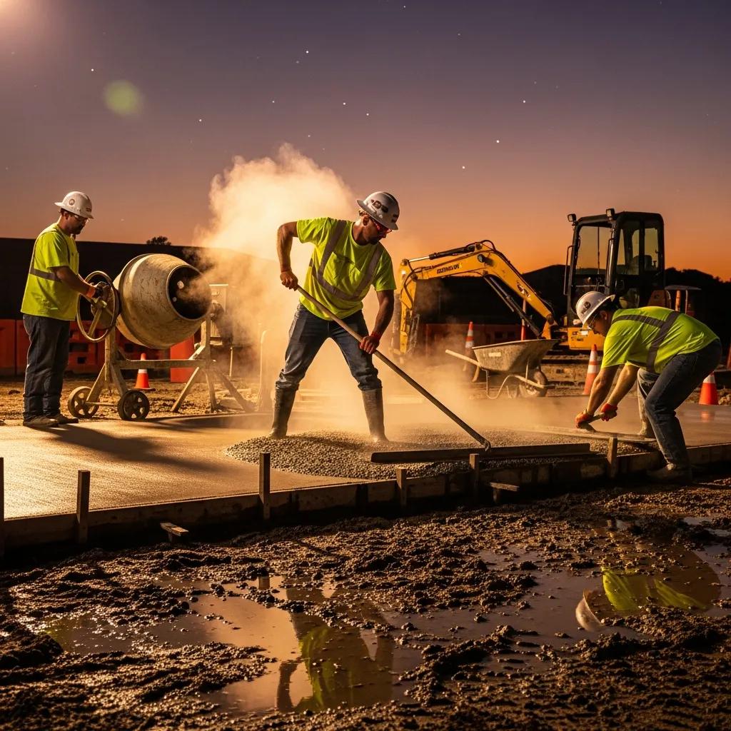 Workers pouring and finishing concrete slab at a construction site, showcasing Morici Bros Concrete's foundation solutions and expertise in concrete contracting.