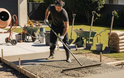 Concrete worker leveling freshly poured concrete for driveway installation, showcasing craftsmanship and quality materials in a residential setting.