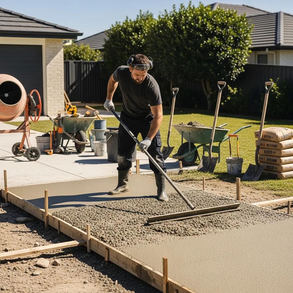 Concrete worker leveling freshly poured concrete driveway, showcasing craftsmanship and quality materials for residential installation.