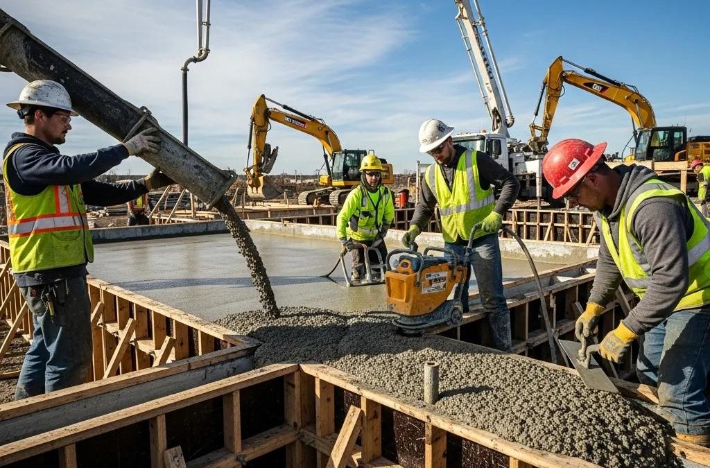 Construction site with workers pouring concrete for foundation walls