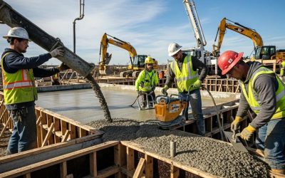 Construction workers pouring concrete for foundation walls at a construction site, showcasing teamwork and machinery in action.