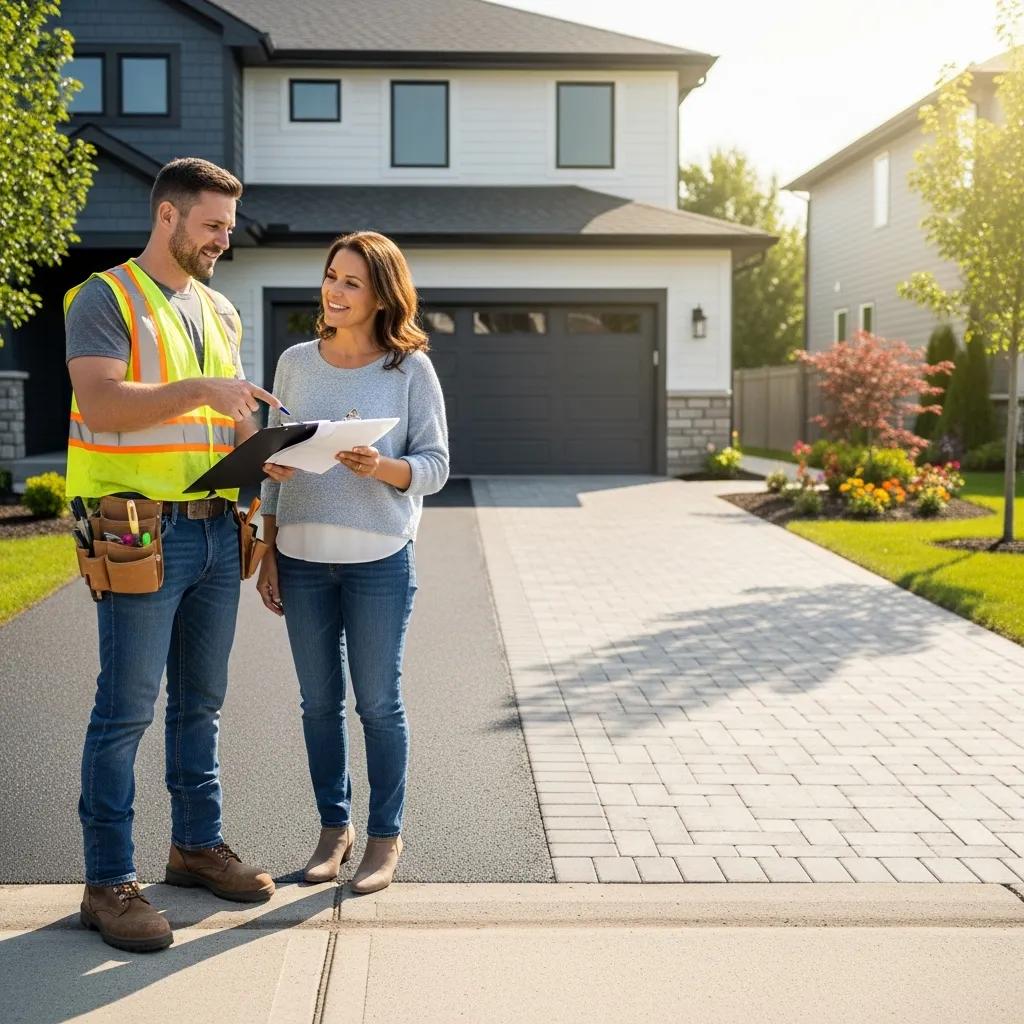 Construction worker in safety vest discussing driveway resurfacing and replacement costs with homeowner in front of a residential property.