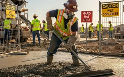 Construction worker in PPE smoothing wet concrete on job site, surrounded by safety signs indicating caution and hard hat area, emphasizing concrete safety measures.