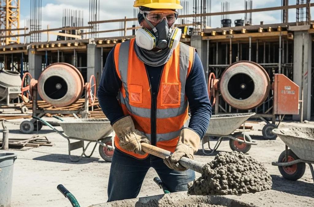 Construction worker in safety gear handling concrete materials on site, emphasizing personal protective equipment and safe handling practices.