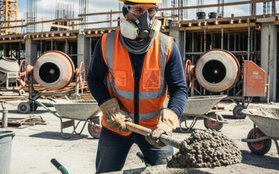 Construction worker in safety gear mixing concrete on-site, emphasizing professional concrete services and safety practices.
