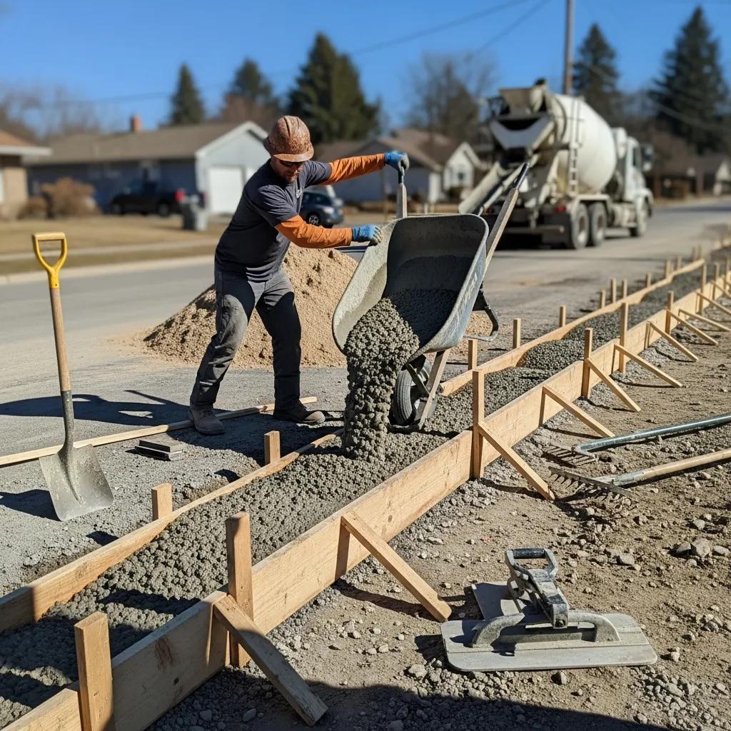 Construction worker pouring concrete into sidewalk forms during installation, with a wheelbarrow and tools visible, showcasing the concrete sidewalk installation process in a residential setting.