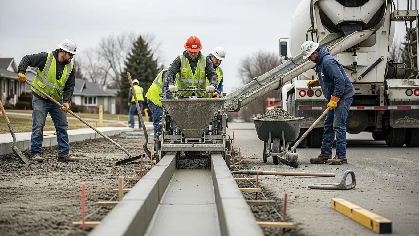 Construction workers installing curbs and gutters along a roadway