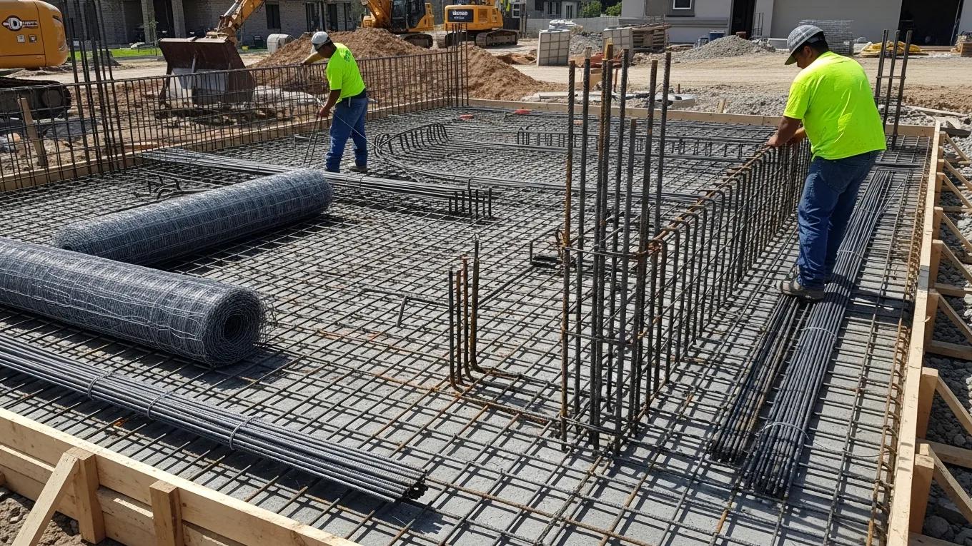 Construction workers installing rebar and wire mesh for concrete driveway reinforcement, emphasizing effective methods for enhancing durability and load-bearing capacity.