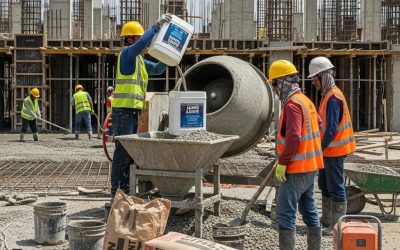 Construction workers mixing concrete with admixtures at a construction site, demonstrating essential techniques for concrete work and project efficiency.