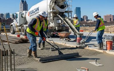 Construction workers pouring concrete at a job site in Milwaukee, highlighting job opportunities in the concrete industry.